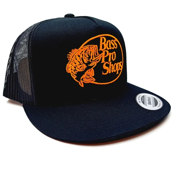 Bass Pro Shops Flat Bill Trucker Mesh Snapback Cap Hat Black Embroidered - Picture 3 of 4